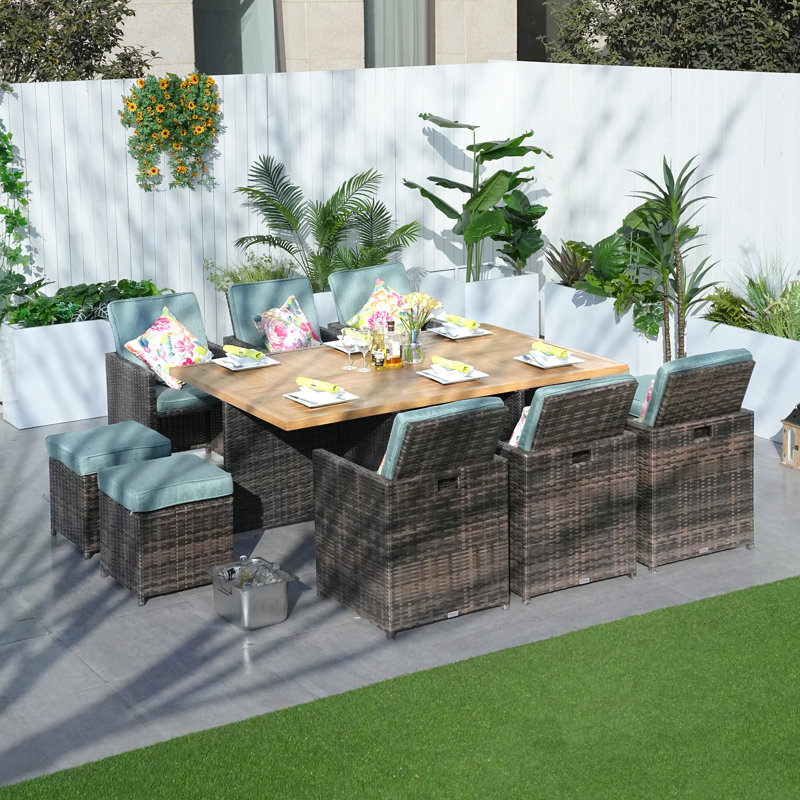 Jarhia 10 - Person Wicker Patio Dining Set with Rectangular Table , Cushions Included, Brown, Celadon