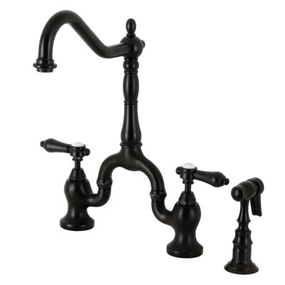 Kingston Brass Heirloom Two-Handle 3-Hole Deck Mount Bridge Kitchen Faucet with Brass Side Sprayer