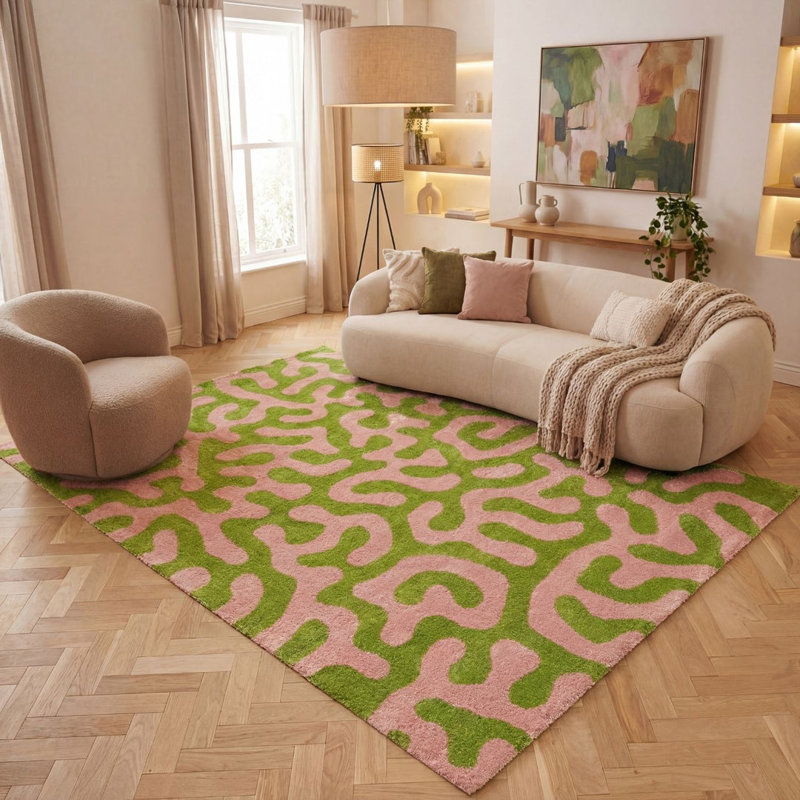 Joli Abstract Doodle Area Rug Soft Dense Pile for Living Rooms and Bedrooms, Green/Pink, Rectangle 200 x 290 cm