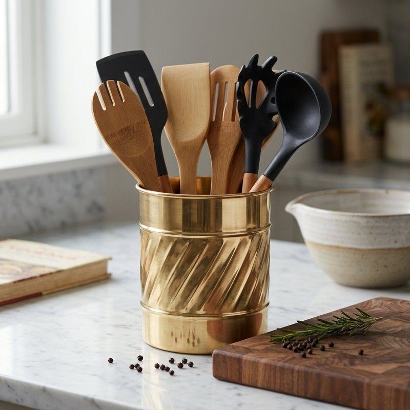 Porte-ustensiles de cuisine en métal gaufré à la main, Gold