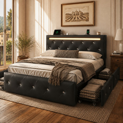 Upholstered Storage Bed Frame with LED Light, 4 Drawers, Charging Station, Diamond Tufted Adjustable Headboard, Black Faux Leather Platform Bed, No Box Spring Needed