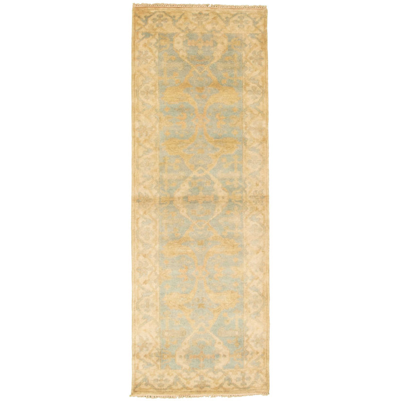 Tapis d’intérieur en laine beige/bleu 2 pi 11 po x 8 pi 1 po main one-of-kind-noué la 2010 ushak Schum