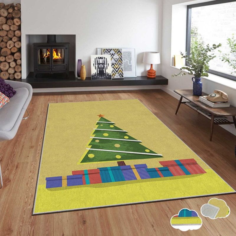 Tapis rectangulaire jaune en polyester tissé à la machine Brumbaugh, Rectangle 2 pi 7 po x 4 pi 7 po