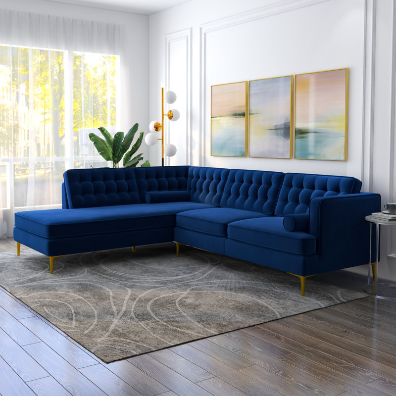 Noam Velvet L-Shaped Sectional, Blue Velvet, Left Hand Facing