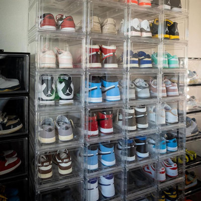 Boîtes de rangement pour chaussures en plastique transparent, conception à devant rabattable pliable empilable avec couvercles, rangement pour chaussures peu encombrant