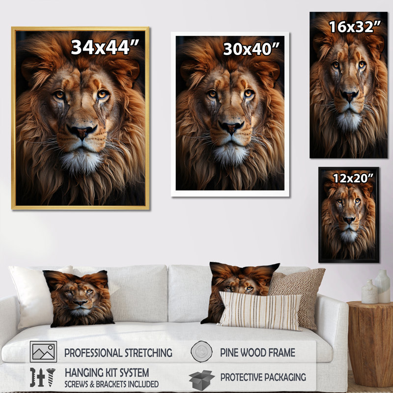 Animal Lion Portrait II - Lion, art mural, H 44 po x l 34 po x P 1,5 po, Toile tendue