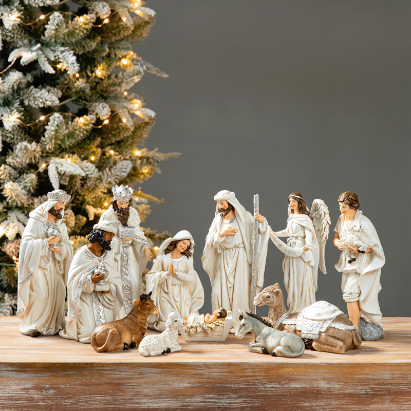12pcs Ivory Resin Nativity Figurine Set, 10" H x 26" W x 4" D, Ivory