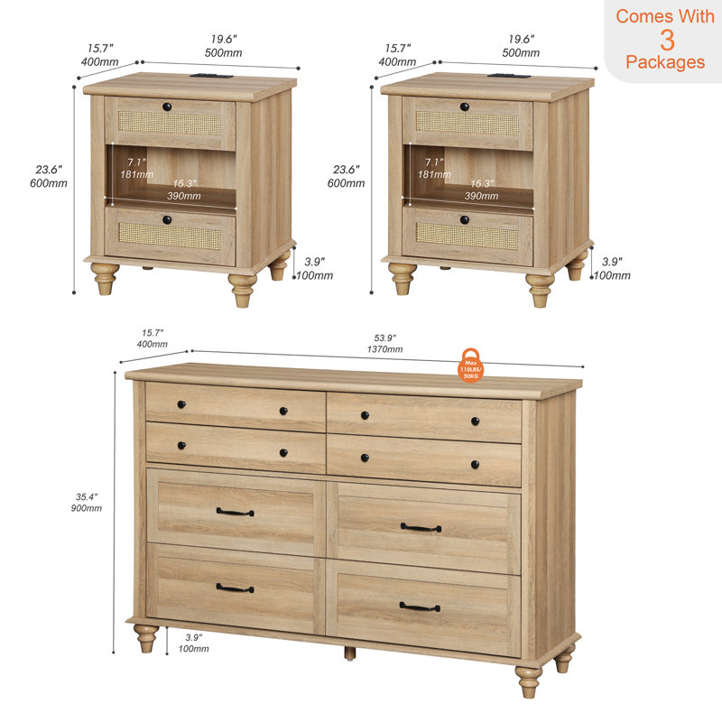 Ensemble de chambre à coucher 3 pièces WAMPAT - Comprend une commode à 8 tiroirs, un ensemble de 2 tables de chevet avec station de charge et tiroir en rotin, une commode 3 pièces et des ensembles de table de chevet, chêne