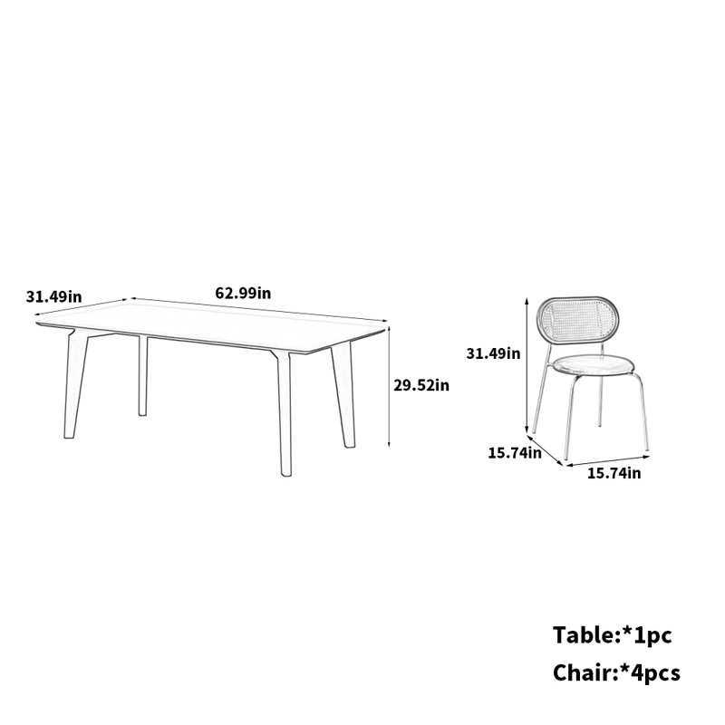 Table de salle à manger en bois de frêne et chaises en acier inoxydable, H 29,52 po x L 62,99 po x l 31,49 po