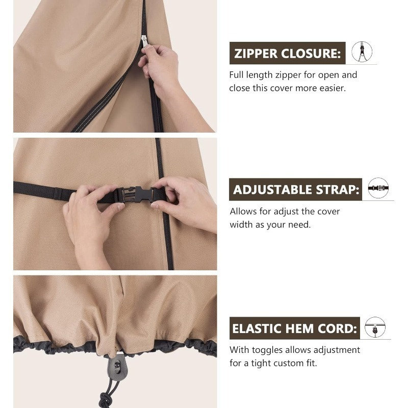 Housse de parasol imperméable avec fermeture à glissière Bord de sangle noir Cordon de réglage du bas de la boucle de sangle Housse de parasol d'extérieur avec sac de rangement