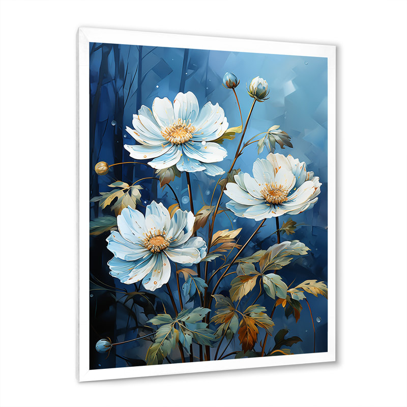 «White Blue Moonlit Zinnias Blooms I» sur toile imprimée, Cadre simple blanc, H 20 po x l 12 po x P 1 po