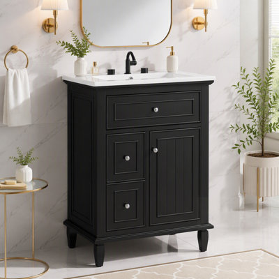 Solid Wood Bathroom Vanity Cabinet with Ceramic Sink and Adjustable Storage Drawers for Modern Homes