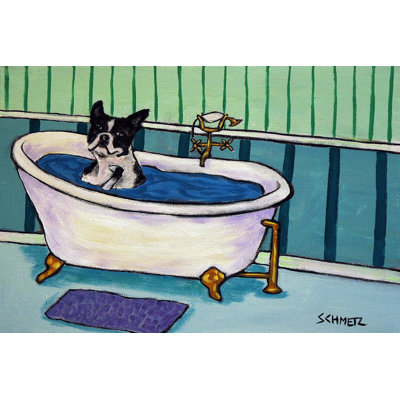 Boston Terrier Bath by Jay Schmetz - Wrapped Canvas Painting