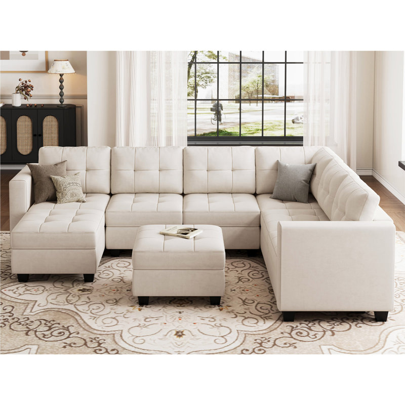 Canapé modulaire réversible de l 143 po avec repose-pieds avec rangement, Velours beige 
