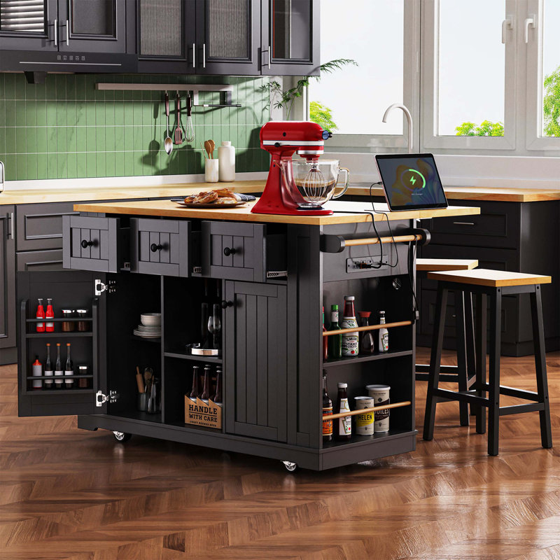 Large Multi-Piece Kitchen Island Rolling Cart Set Including Matching Bar Stools, Foldable Drop Leaf Worktop with Built-In Power Outlet, Five Side Storage Racks and Three Drawers, Shipped In Three Separate Packages