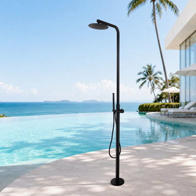 Système de douche extérieur chaud et froid autoportant avec pomme de douche à pluie et douche à main, colonne de douche en acier inoxydable 316, douche de patio à double fonction