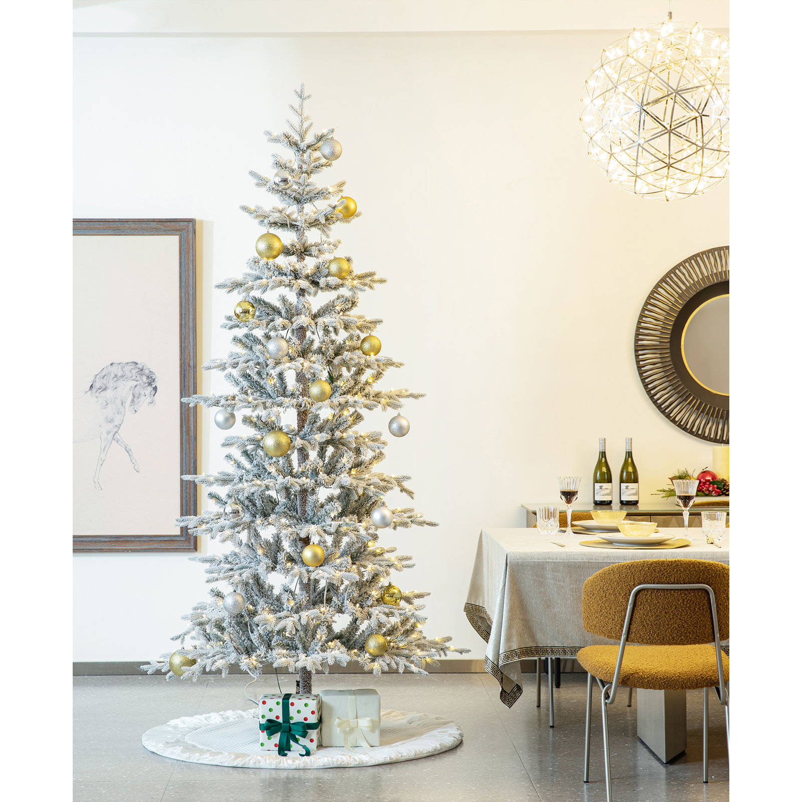 Johvan Deluxe Pre-Lit Slender Flocked Realistic Fir Christmas Tree with Twinkling Lights, 8' H