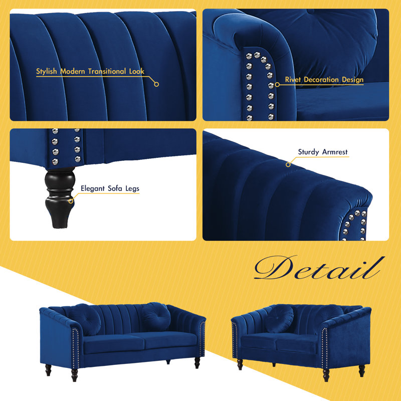 3 Piece Velvet Living Room Set, Blue