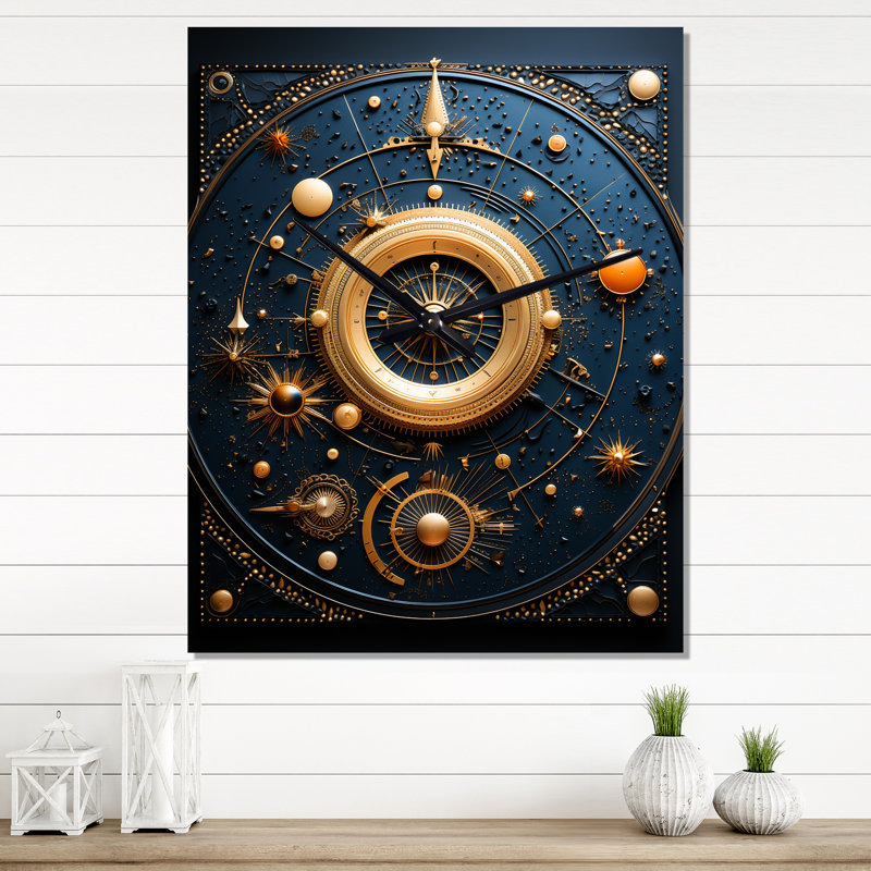 Horloge murale abstraite Arcanes Visions en or et bleu sarcelle II, H 40 po x l 30 po x P 1 po
