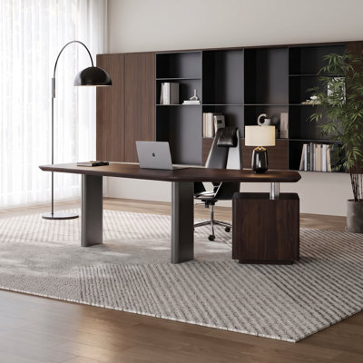 Bureau de direction incurvé de 240 cm avec caisson de rangement à 3 tiroirs, placage en noyer fumé, grand bureau d'ordinateur pour bureau à domicile