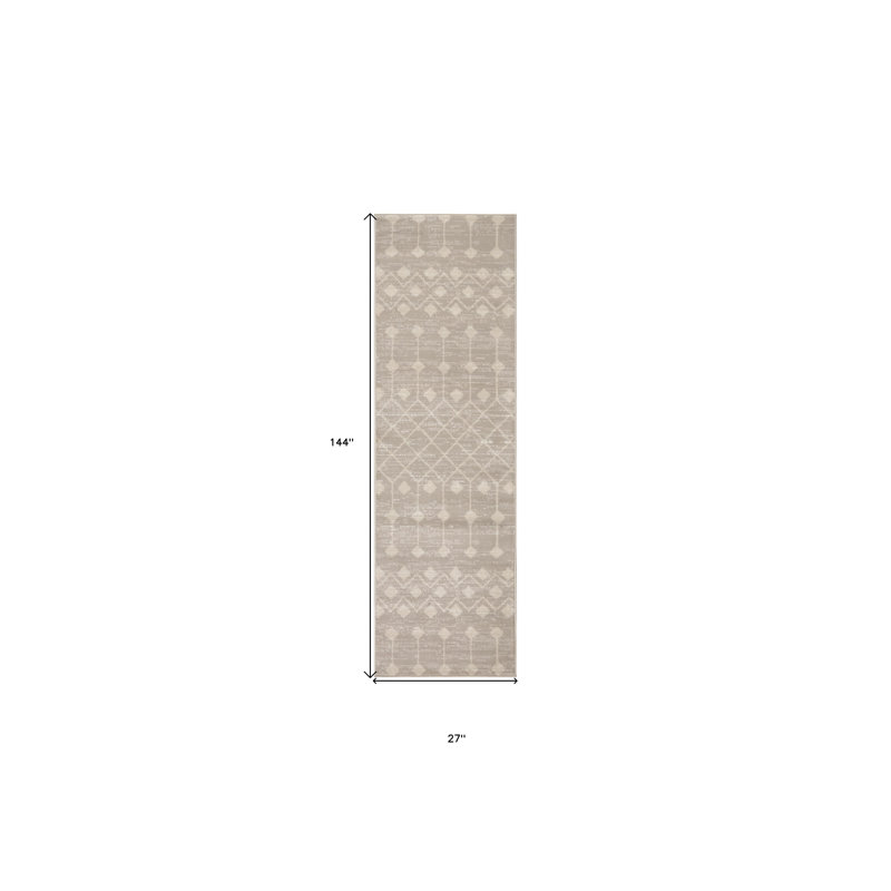12' Beige Geometric Power Loom Runner Rug