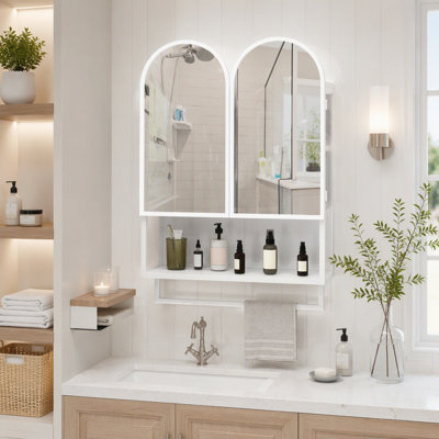 Armoire à miroir à double arche 23,62 po, armoire à pharmacie 2 portes, armoire murale en métal avec tablettes réglables et porte-serviettes, armoire à miroir avec rangement pour salle de bain, salon et chambre à coucher, blanc