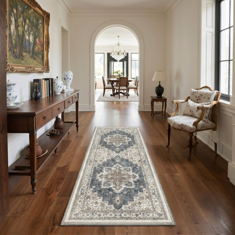 Tapis oriental bleu / ivoire lavable à la machine avec envers antidérapant, Tapis de couloir de 2 pi x 7 pi