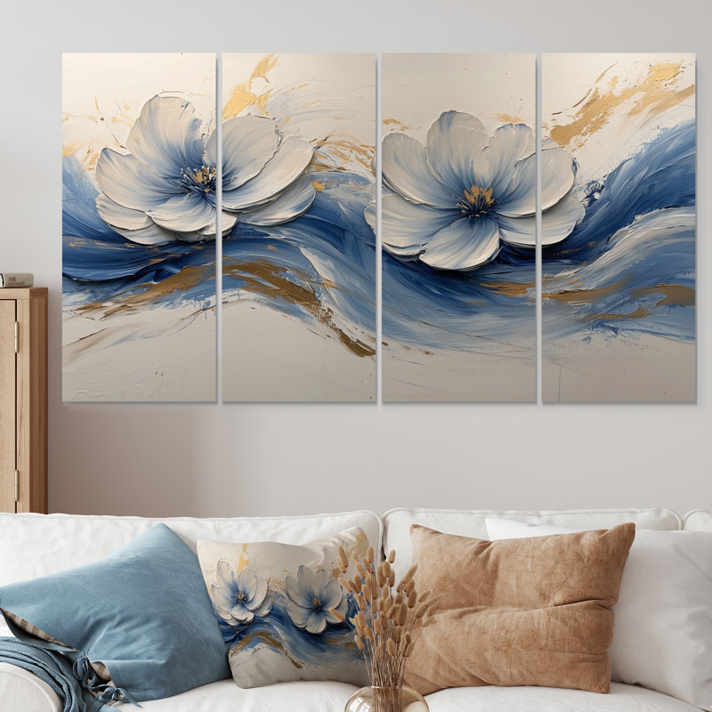 Velours blanc, bleu, chrysanthèmes, rivière à encre V - Chrysanthèmes, art mural - Art mural traditionnel sur toile, 4