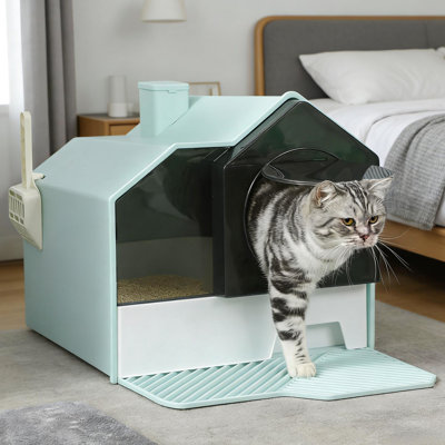 Litière pour chat avec couvercle, deux pochettes désodorisantes, intimité pour les chats, teinte bleue, odeur de matériau ABS, entrée de porte à poussoir, teinte blanche,