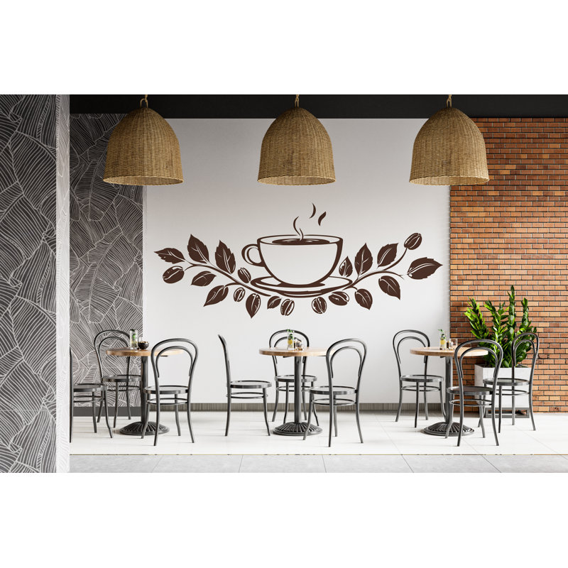 Murale tasse à café, art mural café, décoration intérieure café, conception murale feuille café, H 24 po x l 13 po