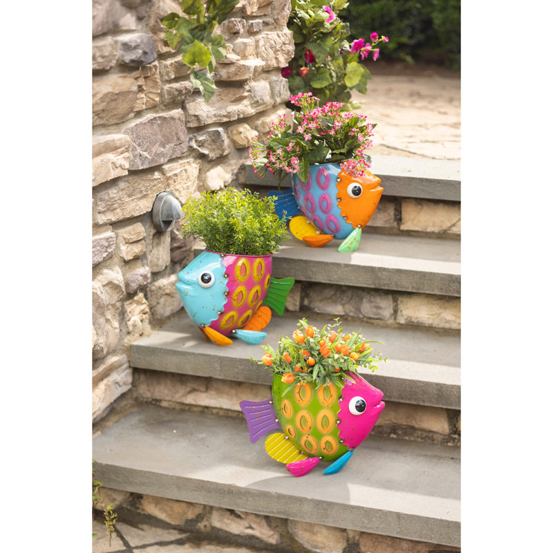Colorful Metal Fish Indoor/Outdoor Planter Set of 3