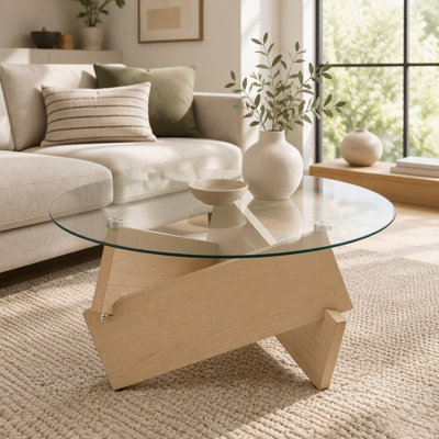 Table basse ronde avec plateau en verre trempé et base en bois, style campagne moderne