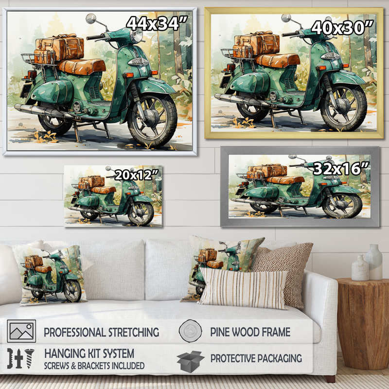 «Green Scooter», impression sur toile, H 30 po x l 40 po x P 1,5 po, Cadre flottant doré