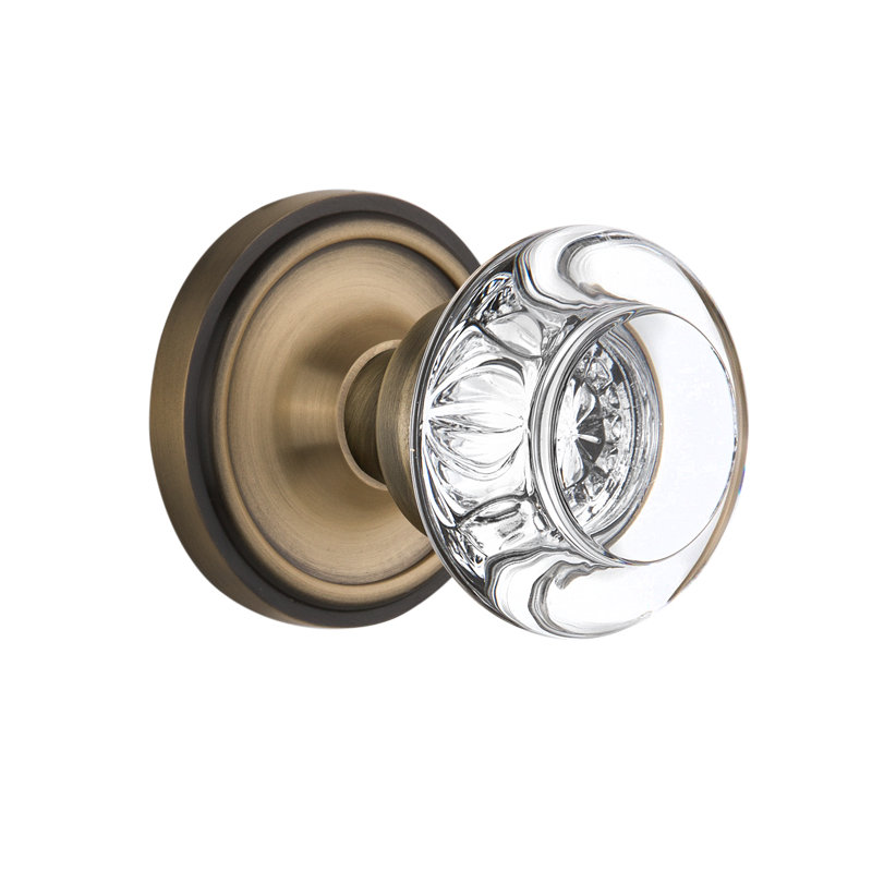 Rosette classique avec poignée de porte ronde en cristal transparent, Laiton antique