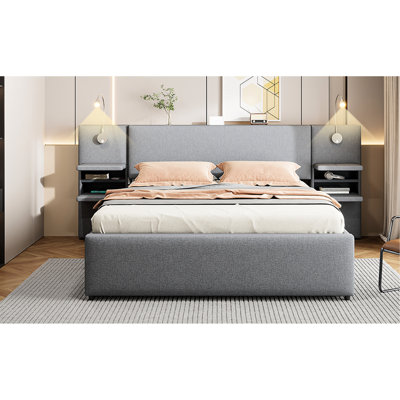 Upholstered Platform Queen Bed With Reading Lights, Side Storage & Under Drawer System For Organized Living In Gray Size Extra Sleeping Potential