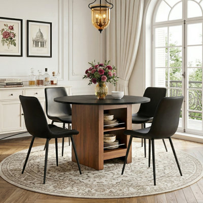 42" Round Dining Set With 2-Tier Storage Base, 5-Piece Two-Tone Kitchen Table And Chairs For 4, Black Wood Grain & Walnut Manufactured Wood Table With 4 Black Faux Leather Chairs