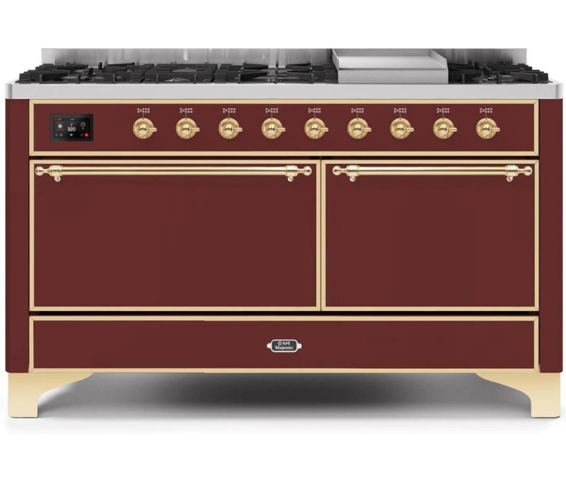 ILVE UM15FDQNS3BKCLP Majestic II 60 inch Dual Fuel Range with 9 Burners, Griddle (Liquid Propane, Solid Door, Glossy Black, Chrome)