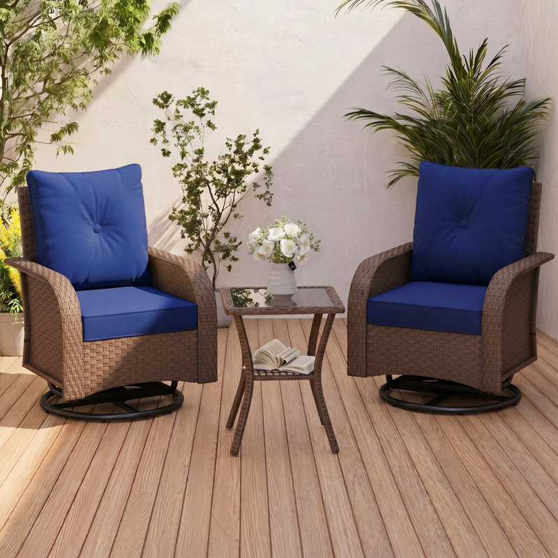 Ensemble de 3 chaises berçantes pivotantes en rotin toutes saisons pour l'extérieur, ensemble de conversation pour patio avec table d'appoint et coussins