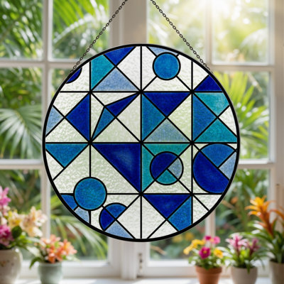 Vitrail géométrique bleu 7,8 po