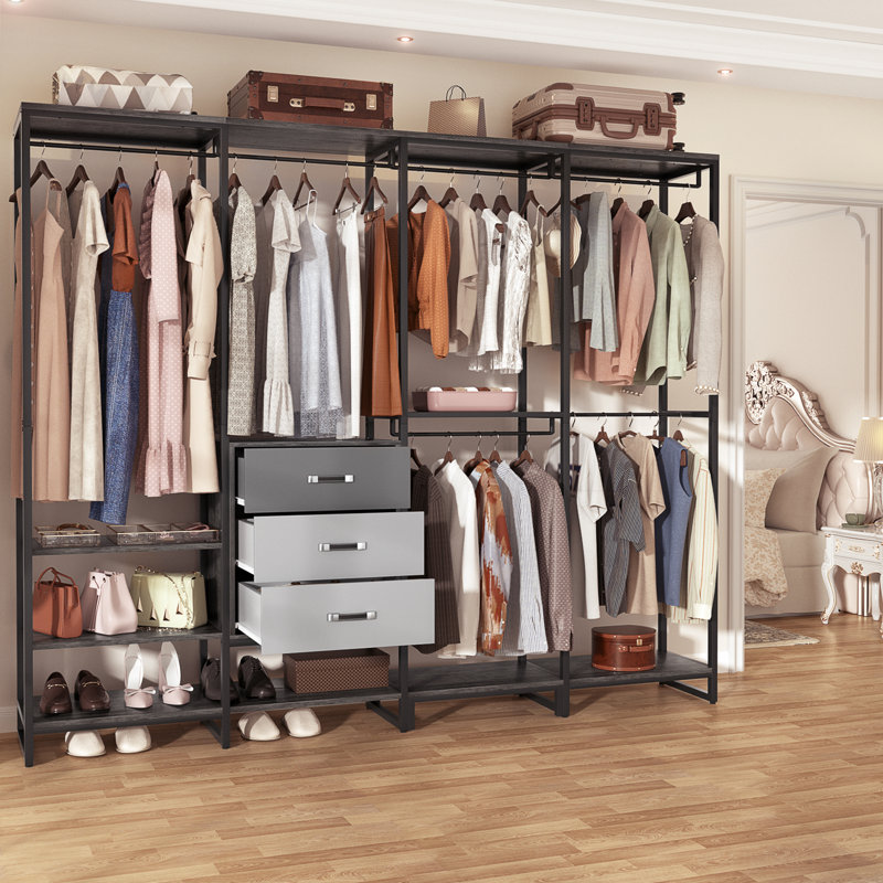 74'' Closet System with Wooden Drawers and Hanging Rods, Black/Gray