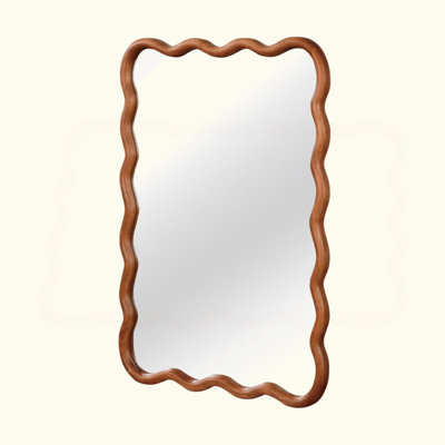 Yellowish Brown Wavy Rectangle Solid Wood Frame Decorative Mirror