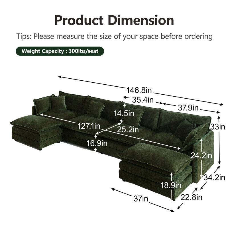 Canapé en U confortable avec méridienne réversible Hibbell, grand canapé modulaire en U modulaire, repose-pieds double supplémentaire