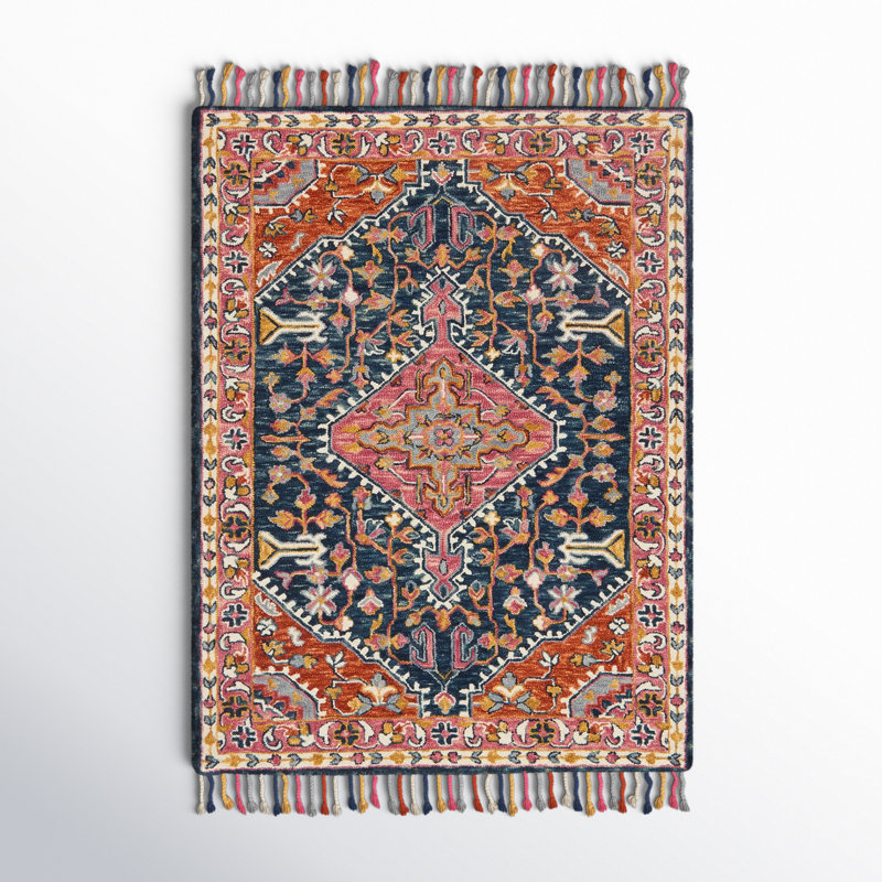 Tapis oriental en laine crocheté à la main bleu marine / orange / gris Carroll, Rectangle 7 pi 9 po x 9 pi 9 po