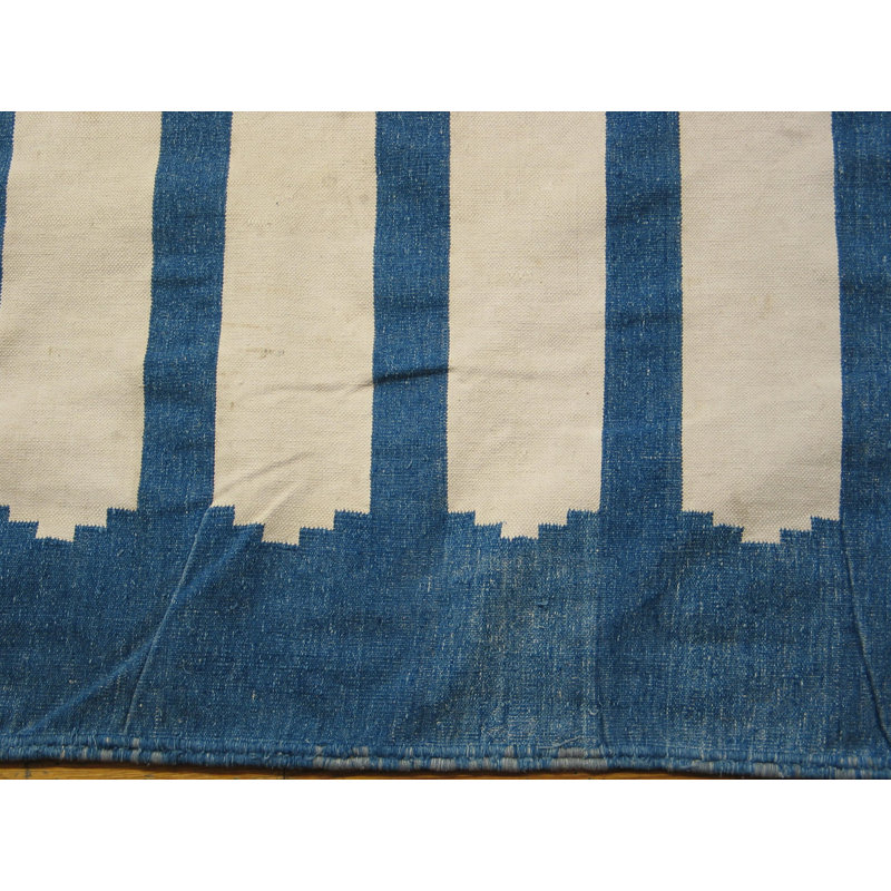 Antique Indian White and Blue Striped Oversized Dhurrie Rug