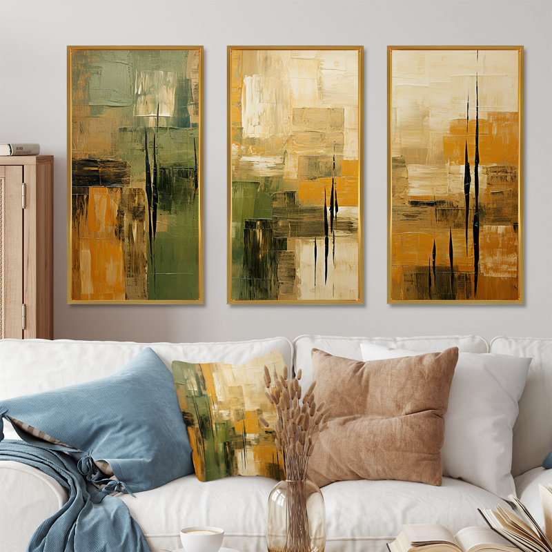 «Green Beige Wild Essence Collage I», art mural tachisme, Cadre flottant doré, H 32 po x l 48 po x P 1 po