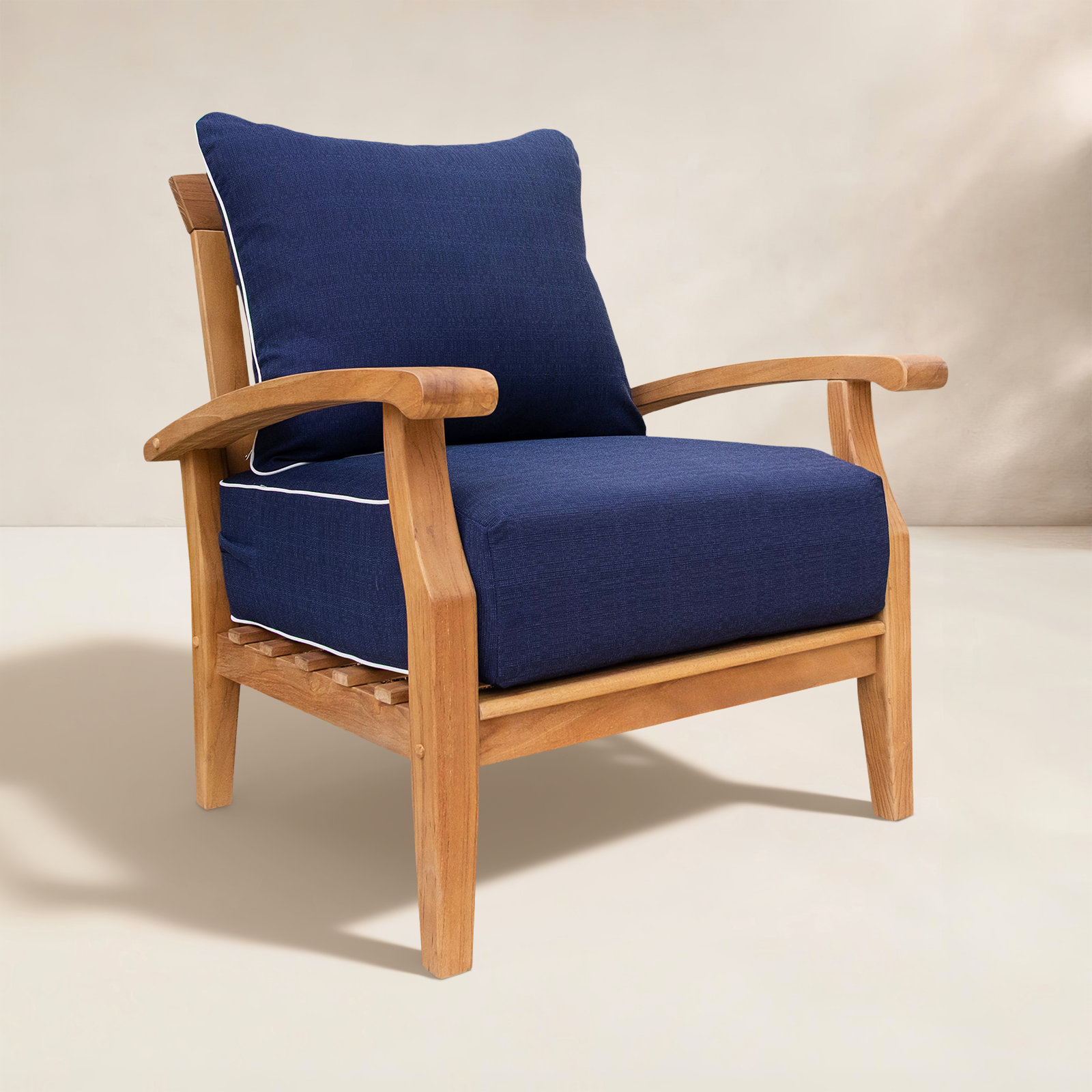 Summerton Teak Patio Lounge Chair, Natural Frame/Navy White Piping Cushion