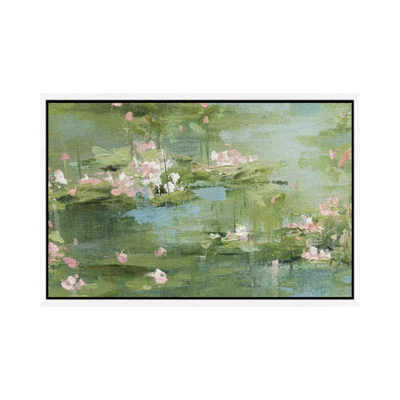 Celadon Waterlillies I by Carol Robinson - Painting on Canvas, 66.04 cm H x 45.72 cm W, White Framed