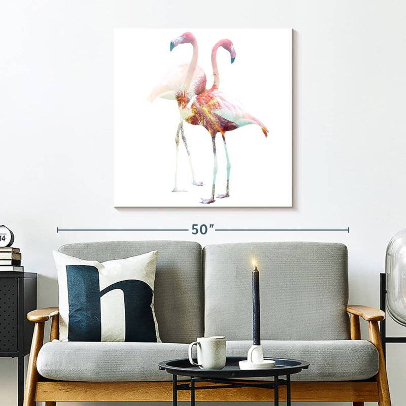 Couple tropical flamant rose, H 30 po x l 30 po