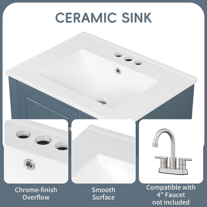 Bathroom Vanity With Ceramic Sink Top, MDF And Solid Wood Base, Modern Sink Cabinet For Small Bathrooms, Blue Gray, 24"