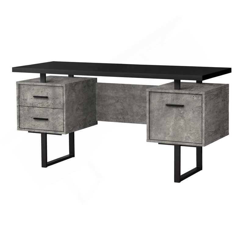 Bureau d'ordinateur, bureau personnel, ordinateur portable, installation à gauche, à droite, tiroirs de rangement, L 60 po, bureau, stratifié de béton noir et gris, métal noir, contemporain, moderne